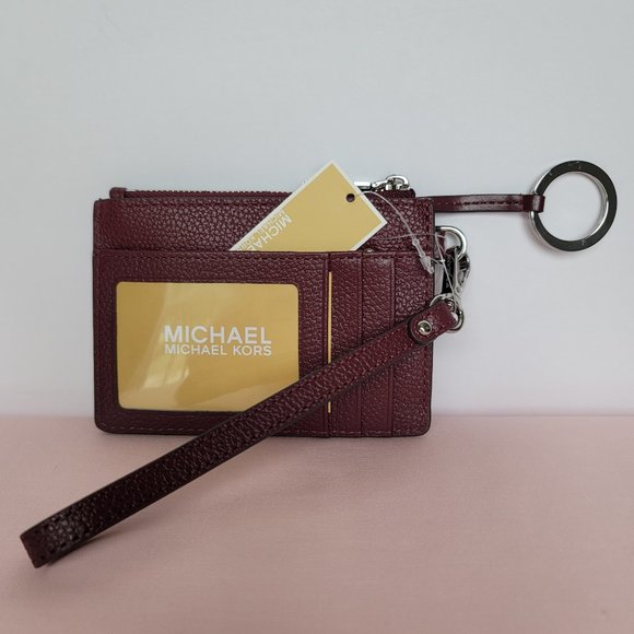 MICHAEL KORS Small Top-Zip Coin Pouch with ID Holder Pebbled Leather-Merlot⭐$69 - Picture 9 of 16